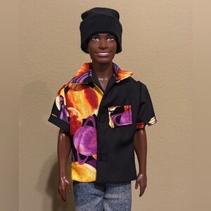 Handcrafted planet print doll shirt with black